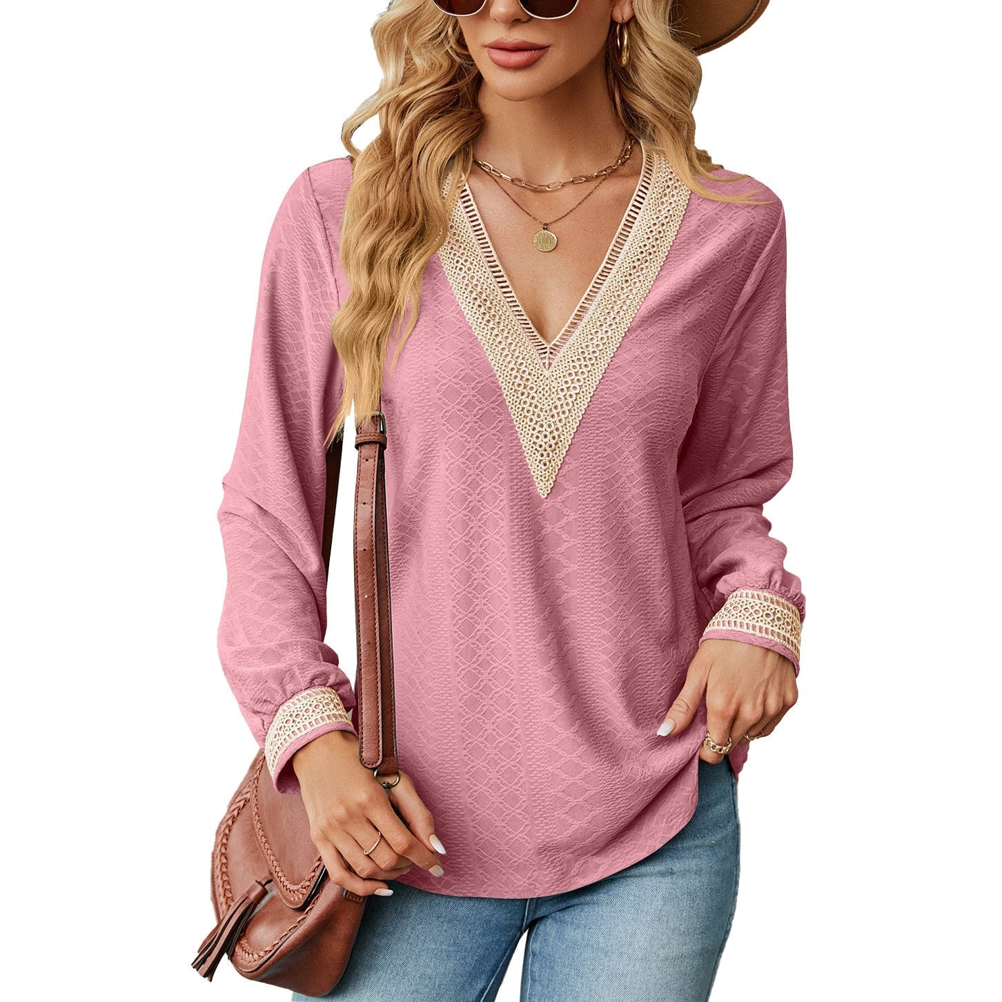 Autumn Winter Lace V-neck Patchwork Loose Long-Sleeved T-shirt Top Women Clothing