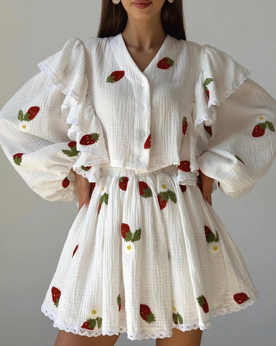 Cotton Linen Ruffled Strawberry Printed Short Skirt Set