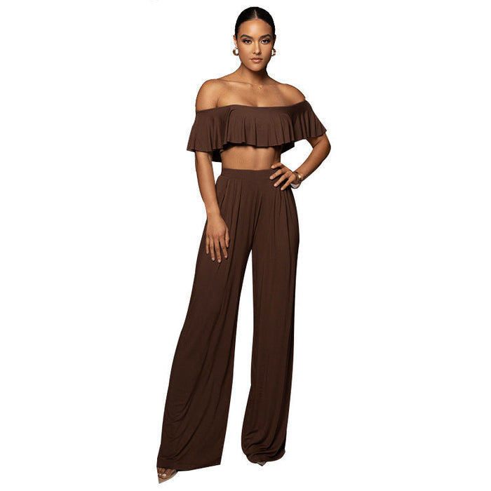 Sexy off-Neck Lotus Leaf Tube Top Cropped Top Women Clothing Casual Wide Leg Pants Suit