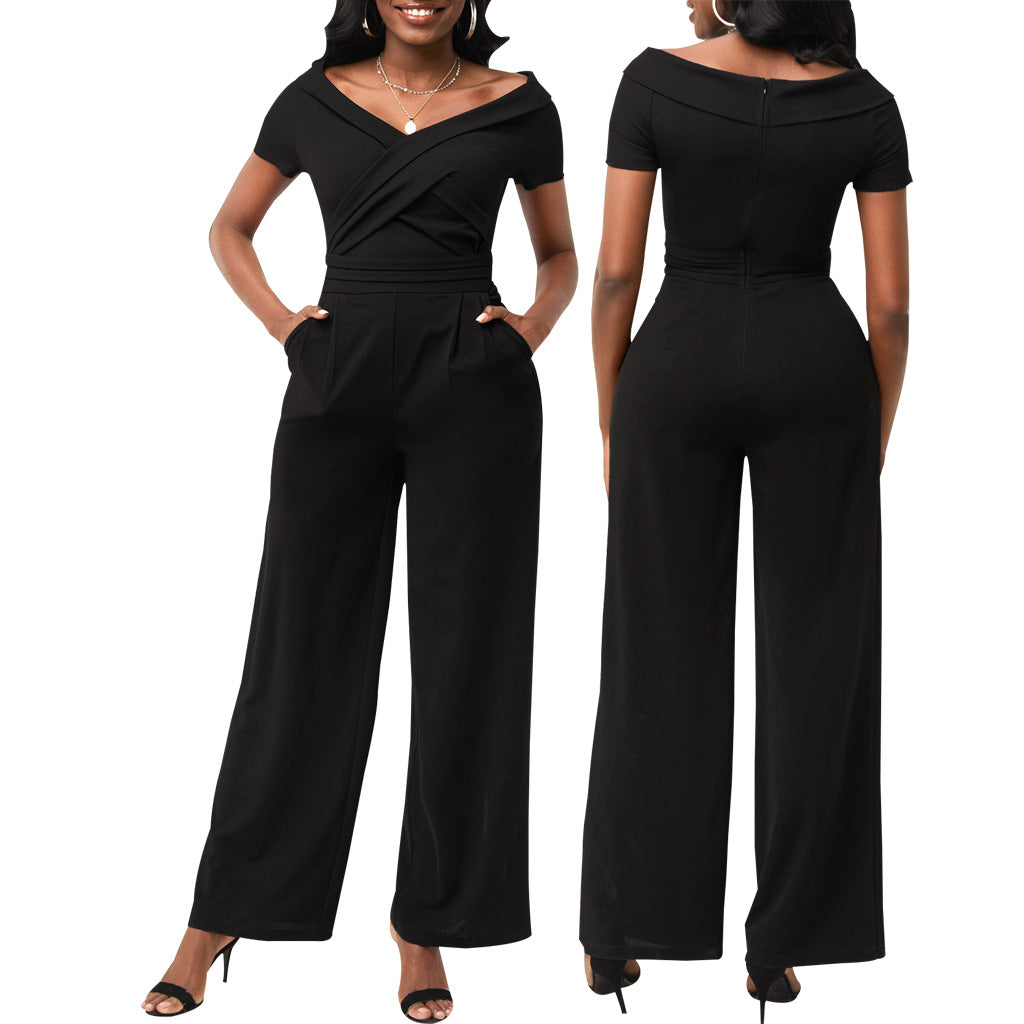 Masson Sexy Solid Color Short Sleeve V-neck Women Jumpsuit