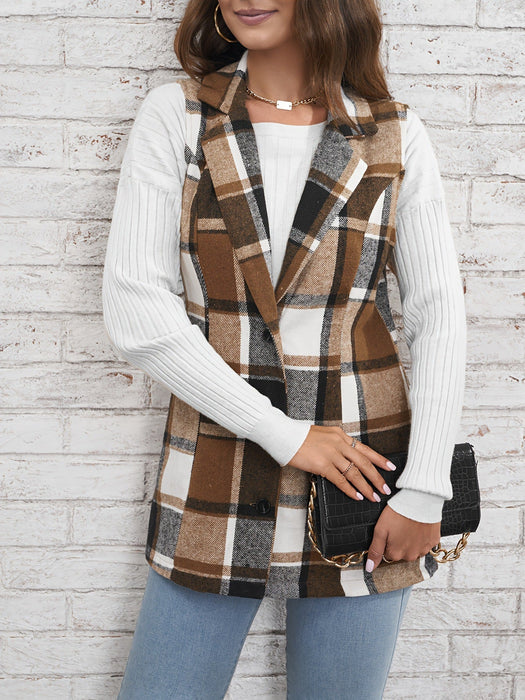 Spring Autumn Winter Women Top Polo Collar Single Breasted Vest Plaid Coat