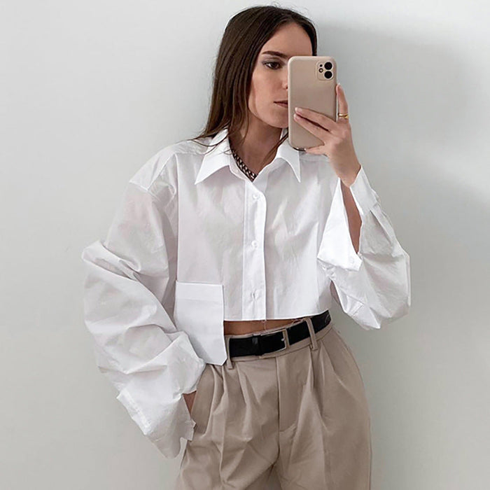 Autumn Cropped Asymmetric Stitching Casual Dignified Sense of Design Short Model in White Color Shirt Women Clothing