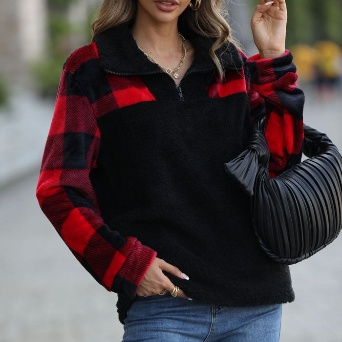 Autumn Plush Women Clothing Half Long Sleeve Zipper Stand Collar Stitching Double Sided Flannel Plaid Pullover Sweater