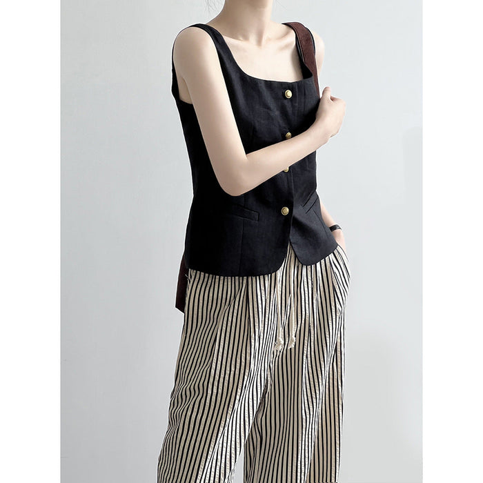 Retro Linen Vest for Women Autumn Special-Interest Square Collar Sleeveless Short Top