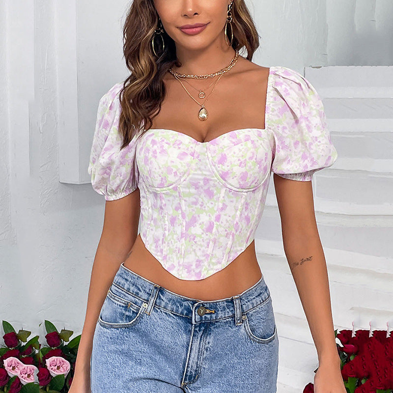 Sexy Top Summer Printed Chiffon Boning Corset Chest Cup Steel Ring Women T Shirt
