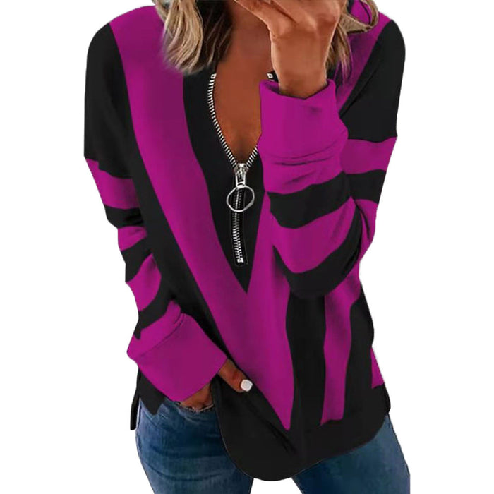 Autumn Winter Printed Long Sleeve V neck Zipper Casual Loose Sweater Women