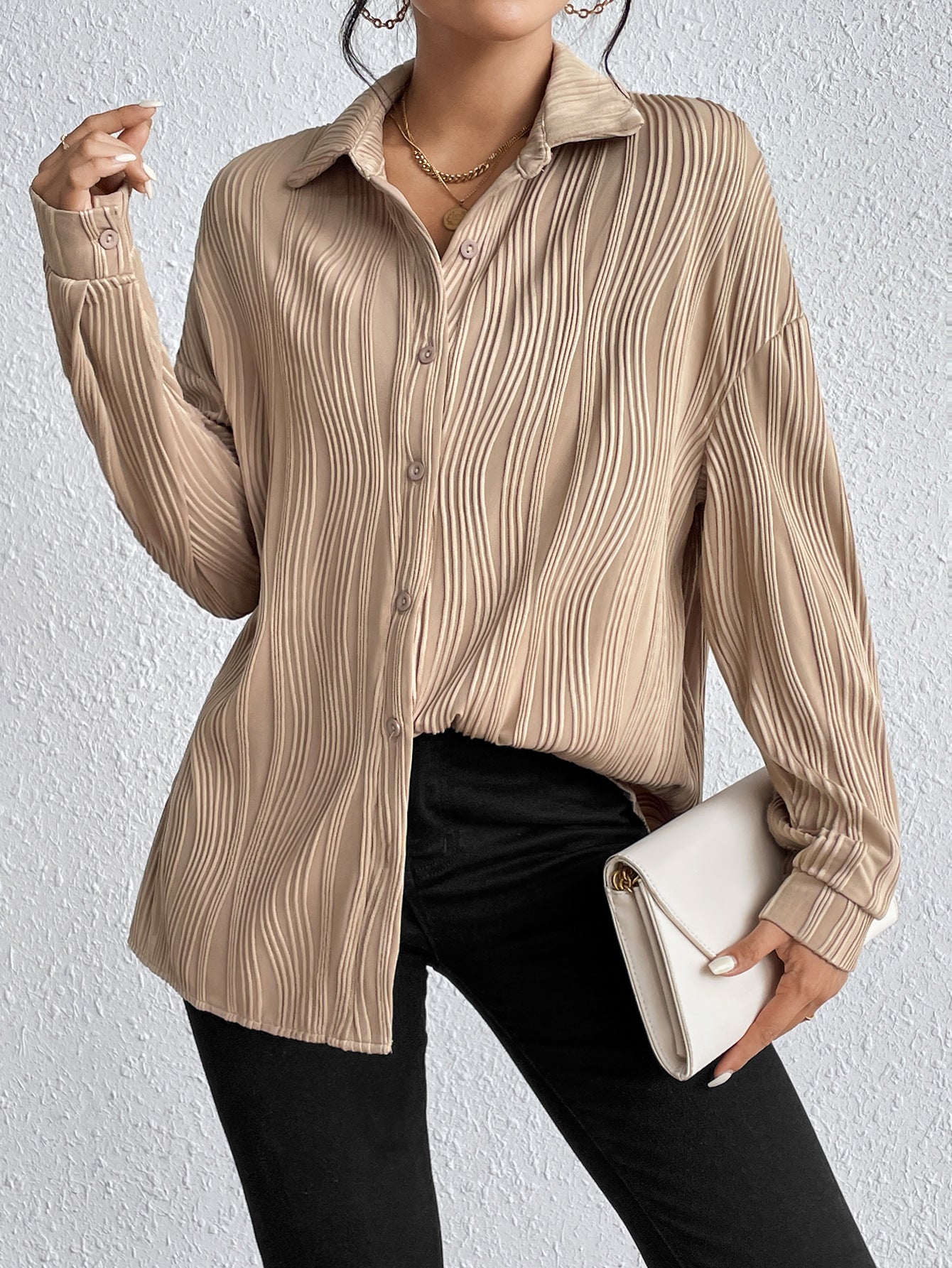 Designed Fold Collar Button Texture Shirt Women Clothing