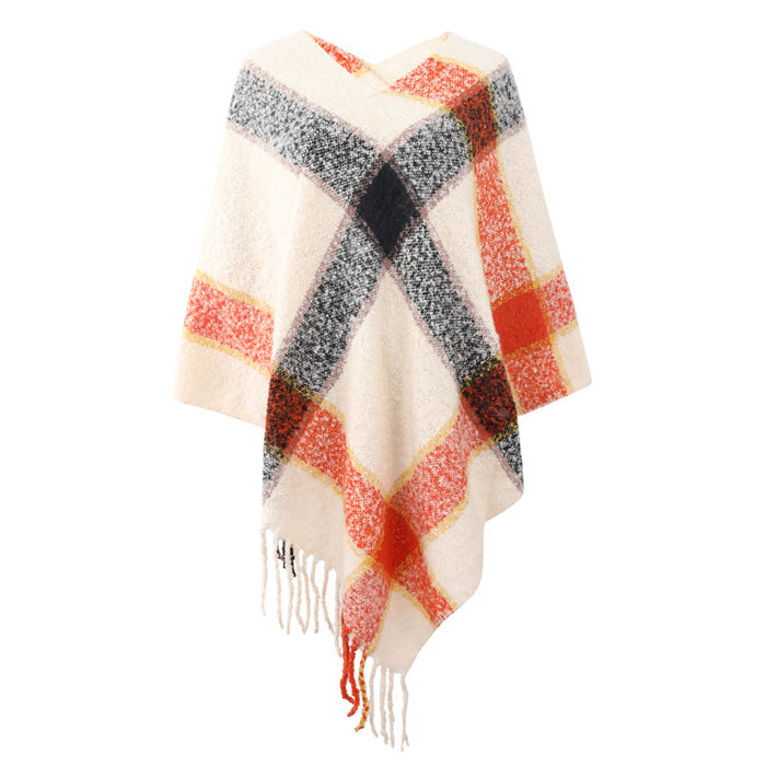 Autumn Winter Cashmere Contrast Color Striped Cloak Knitted Tassel Scarf Shawl Women