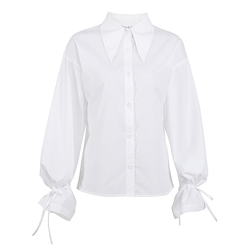 Spring Summer Women Clothing Long Sleeved White Shirt Pointed Collar Office Bow Design French Shirt