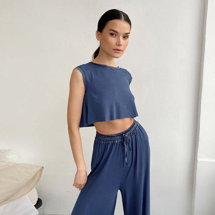 Summer Brushed Knitted Vest Cropped Top Trousers Cool Pajamas Women Suit Homewear