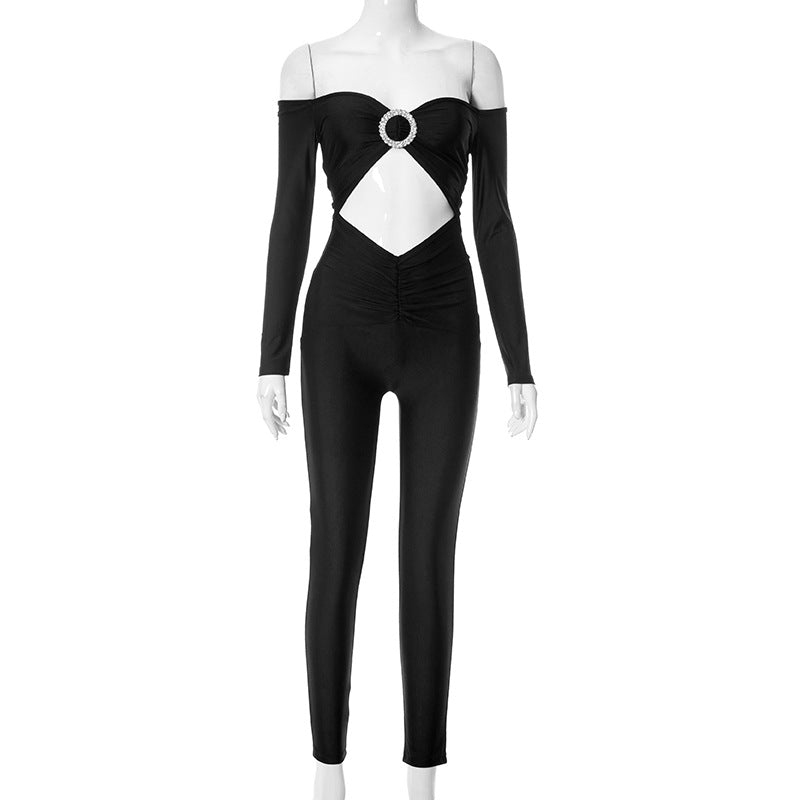 Women Clothing Long Sleeve off Shoulder Hollow Out Cutout Slim Fit Sexy Jumpsuit