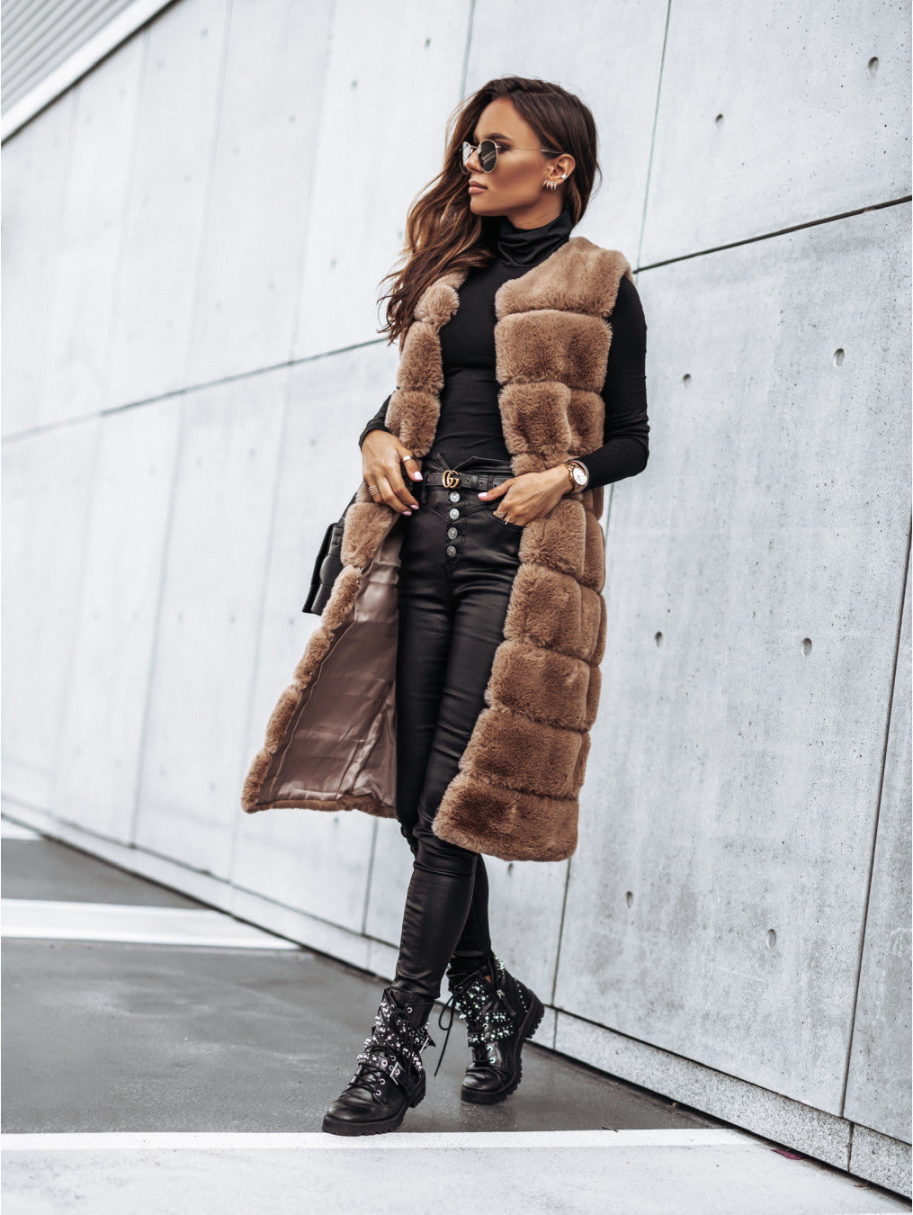 Women Clothing Autumn Winter round Neck Fur Vests Long Vest Coat