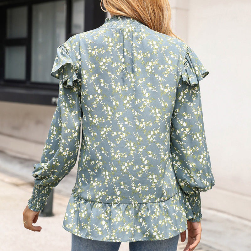 Loose Floral Stand Collar Ruffle Long-Sleeved Shirt Printed Pullover Shirt Top for Women