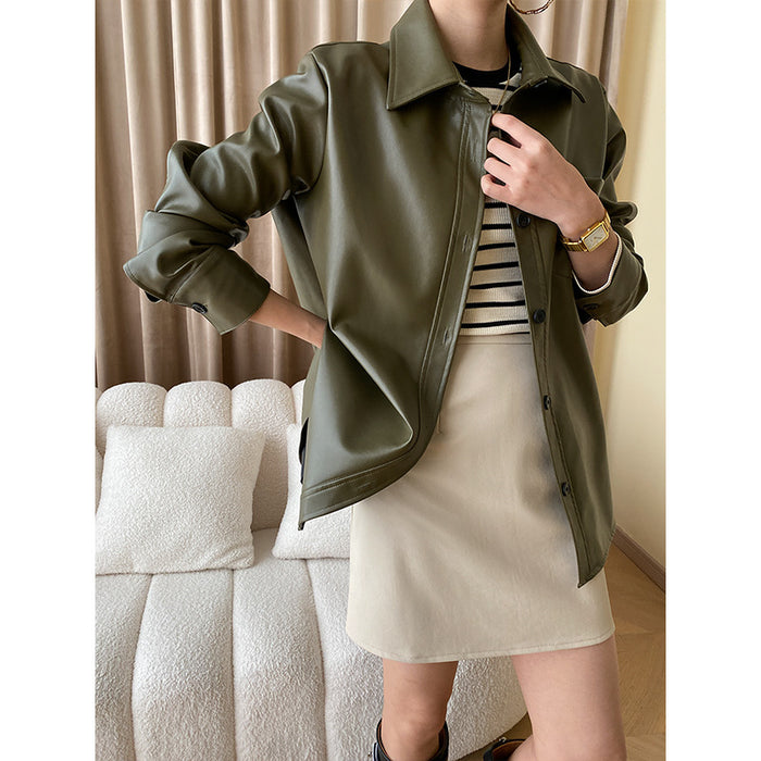 Good Texture Protein Leather Early Autumn Casual Non Sexual Loose Shirt Leather Coat