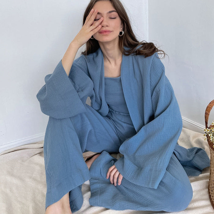 Fall French Loose Nightgown Trousers Double Layer Gauze Women Pajamas Solid Color Cotton Absorbent Moisture Wicking Clothing