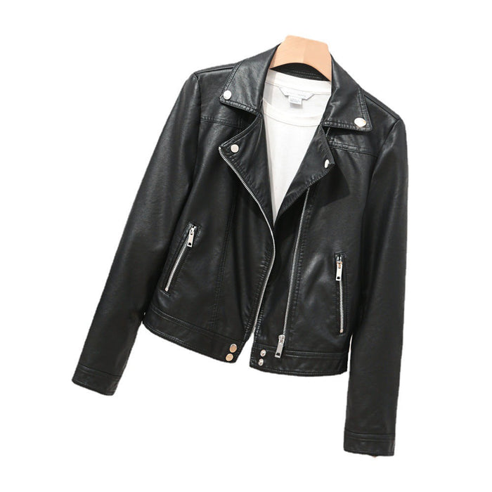 Spring Women Simple Collared Leather Jacket Short Motorcycle Clothing Faux Leather Casual Coat Sequ