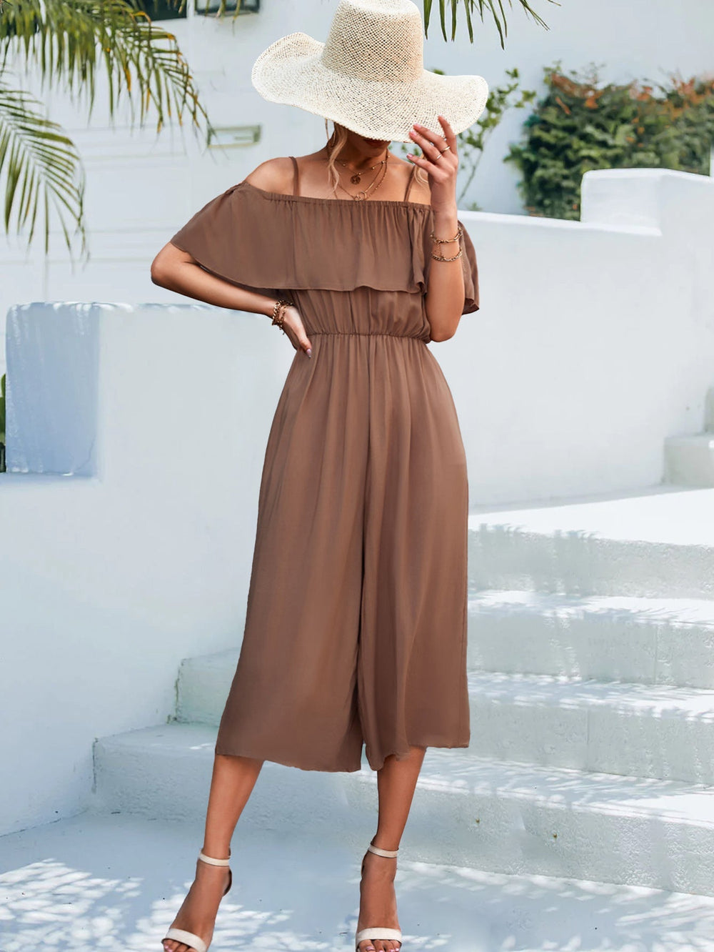 Spring Summer Popular Solid Color off Shoulder Loose Casual Sling Jumpsuit