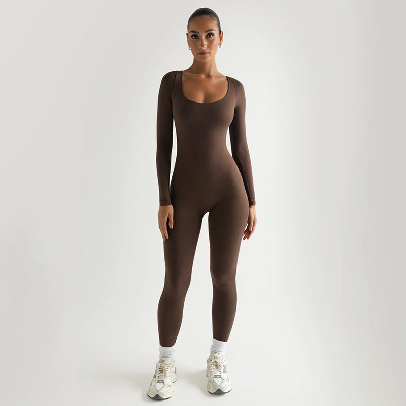 Sexy Soft High Elastic Long Sleeve Tights U Collar Stitching Trousers Jumpsuit