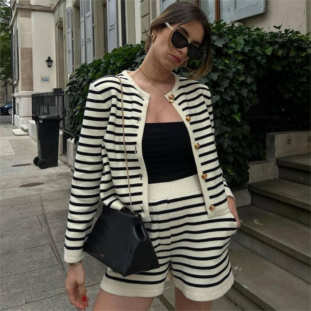 Women Clothing Striped Round Neck Knitted Cardigan Casual Sweater