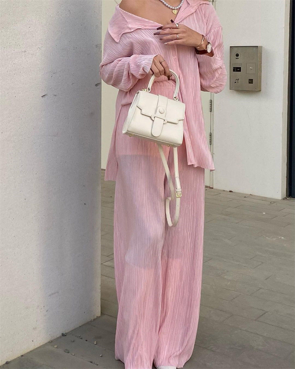 Spring Pleated Shirt Outfit Straight Leg Trousers Loose Drooping Two Piece Set for Women