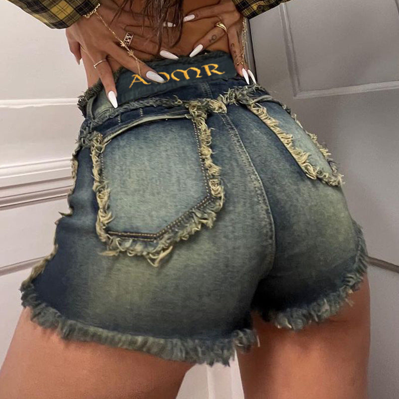 Street Sexy Fashionable Letters Embroidered Frayed Hem Denim Pants Distressed High Waist Thin Looking Cool Hip Hop Shorts