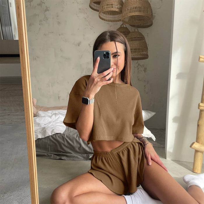 Summer Waffle Casual Suit Women Short T shirt round Neck Short Sleeve Top Shorts Sexy Two Piece Suit Women