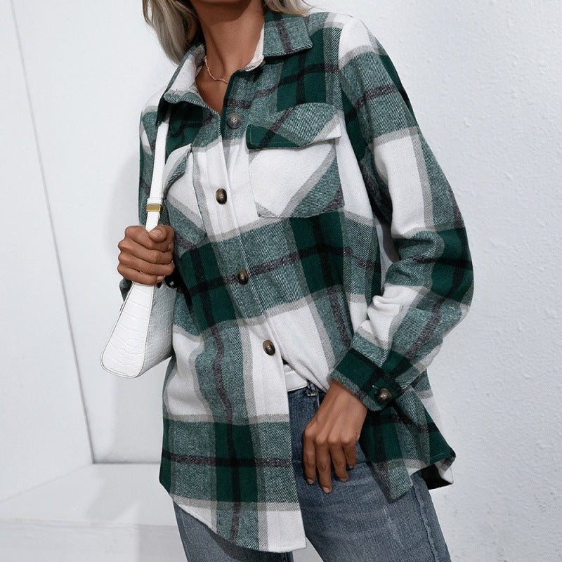 Autumn Winter Long Sleeved Plaid Top Loose Casual Shacket Jacket Women