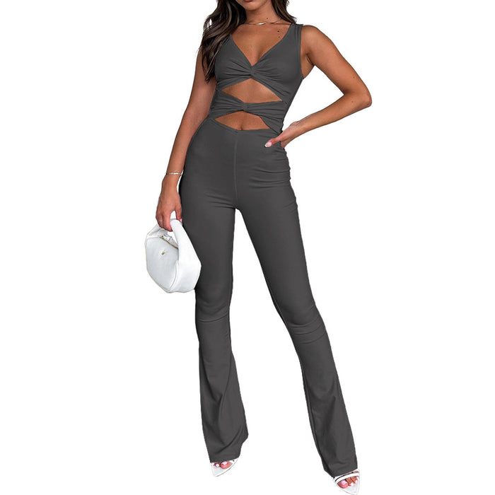 Women Clothing Solid Color Slimming Hollow Out Cutout Twist One Piece Bell Bottom Pants Jumpsuits