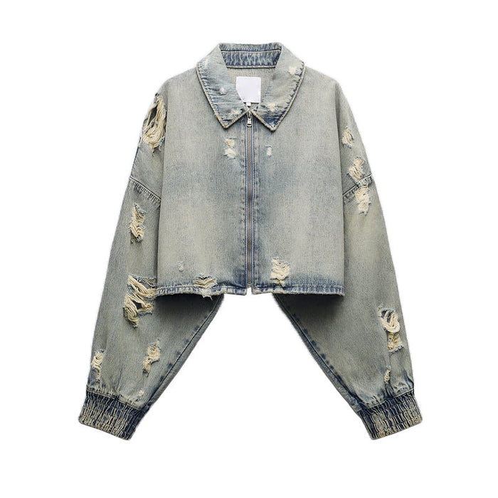 Autumn Women Collared Worn Looking Washed out Perforated Hole Decoration Denim Short Jacket