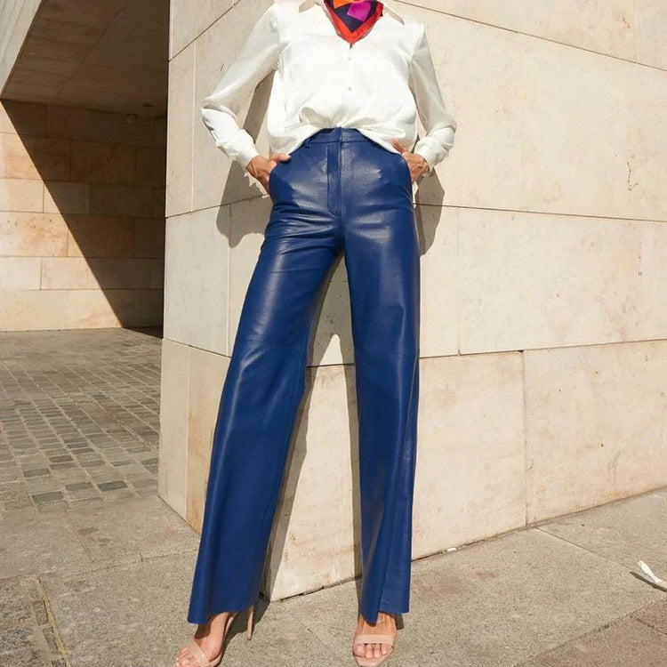 Women Clothing Spring Faux Leather Mid High Waist Hip Lifting Straight Women Casual Pants Women Pants