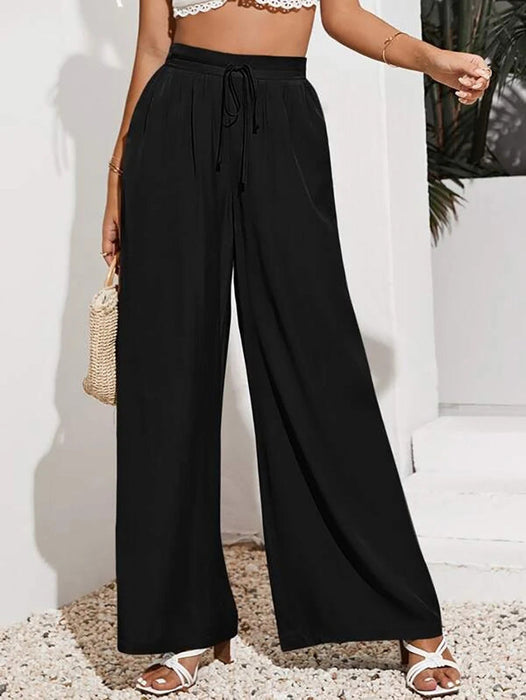 Women Summer High Waist Casual Trousers Solid Color Elastic Waist Lace up Loose Wide Leg Pants Women