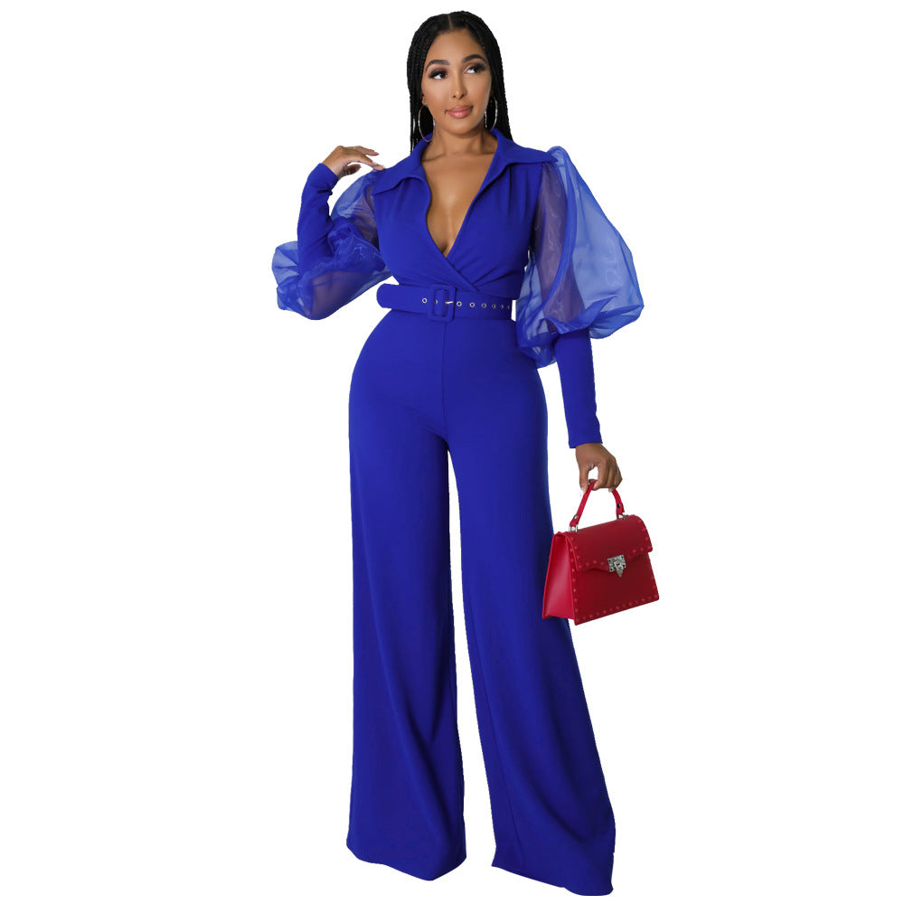 V-neck Mesh Puff Sleeve Special Women Clothing Loose Flared Jumpsuit
