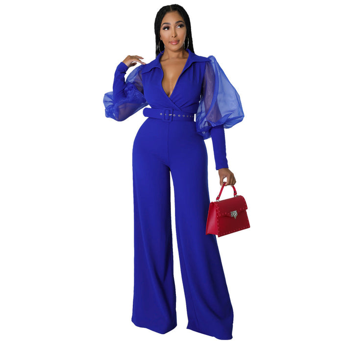 V-neck Mesh Puff Sleeve Special Women Clothing Loose Flared Jumpsuit