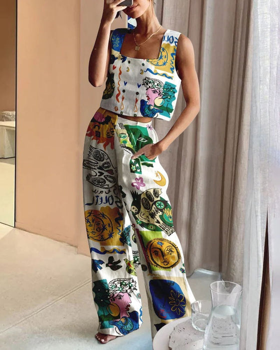 Printed Wide Leg Pants Vest Casual Two Piece Set Women