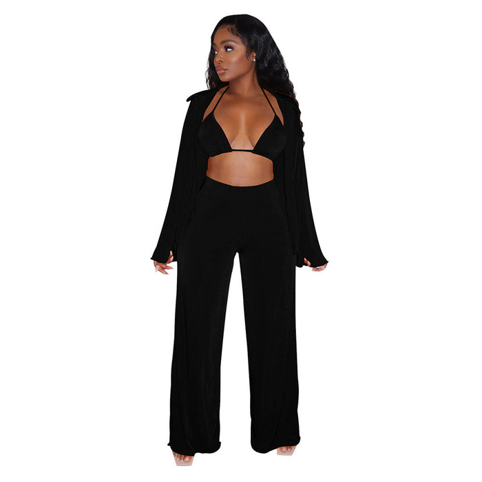 Women Clothing Long-Sleeved Bikini Wide-Leg Pants Solid Color Casual Set