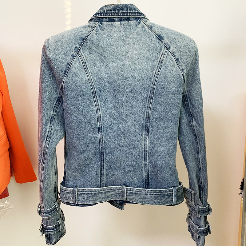 Women Coat Lion Buckle Slim Double Zipper Oblique Zipper Washed Denim Motorcycle Jacket