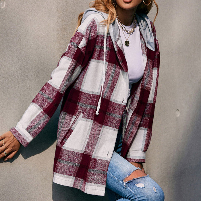 Plaid Shacket Hooded Loose Casual Shacket Jacket Outerwear