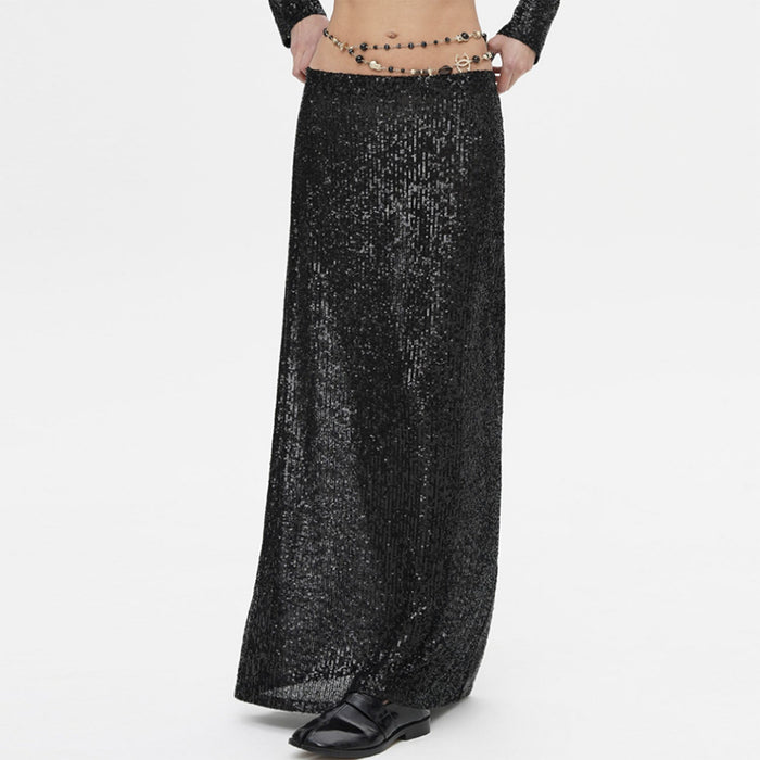 Spring Autumn Popular Women Long Sleeve Blouse Long Skirt Sequined Set