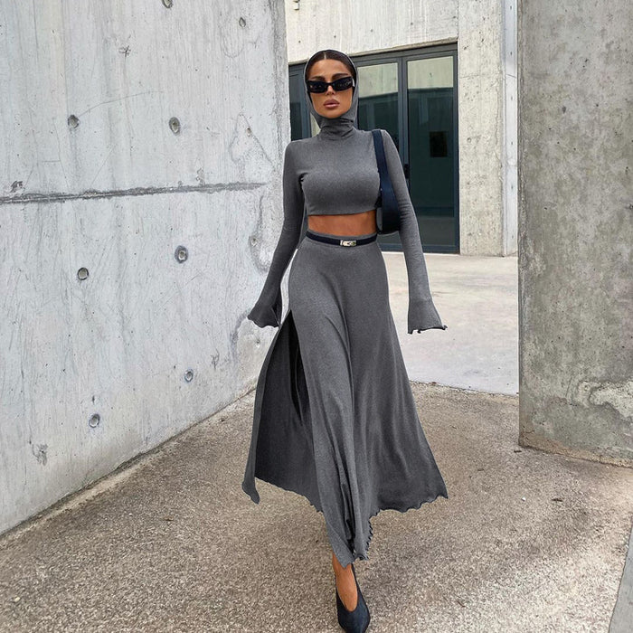 Women Clothing Short Hood Top High Waist Side Slit Unique Skirt Spring Autumn Two Piece Set Women