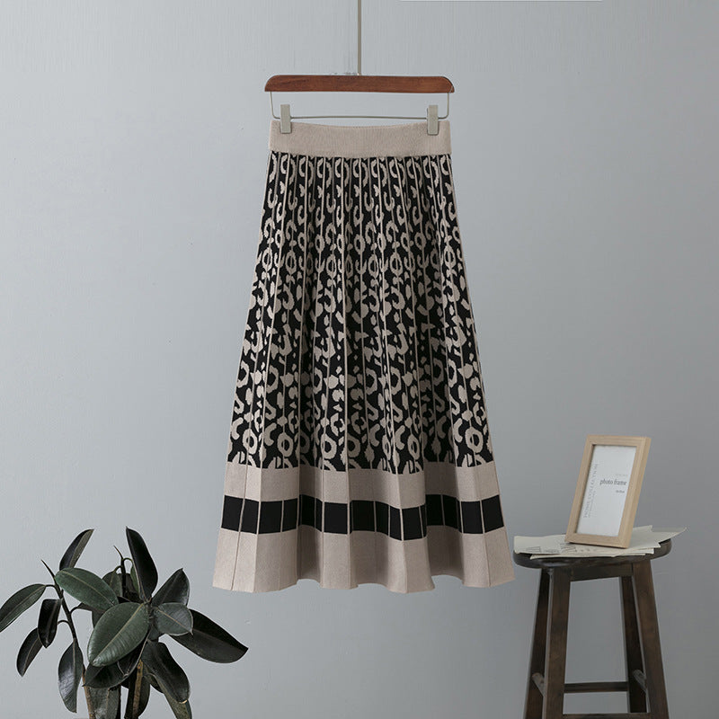 Autumn Winter Vintage Leopard Print Contrast Color Knitted Skirt for Women A line Pleated Skirt Big Swing Mid Length