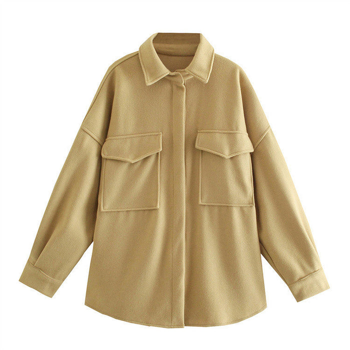 Spring Autumn Loose Slimming Light Camel Collared Woolen Coat Outerwear Women