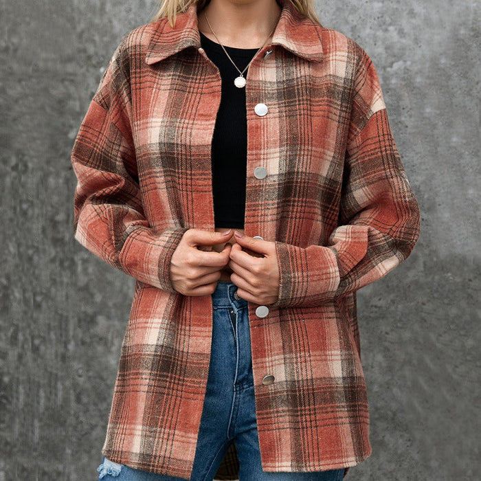 Brushed Loose Casual Plaid Shacket Single-Breasted Plush Checked Shacket Jacket Coat Top Women