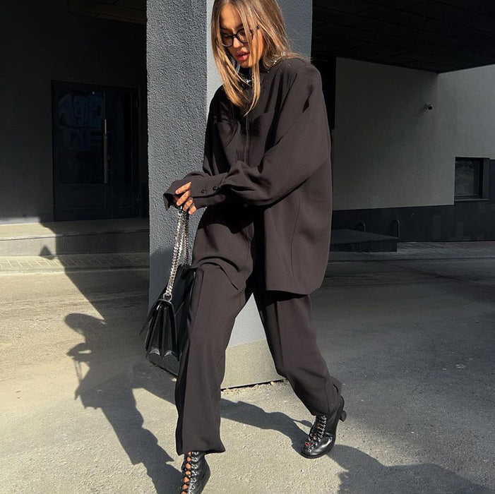 Casual Suit Women Clothing Autumn Winter Long Sleeve Black Loose Shirt Straight Leg Pants Two Piece Set