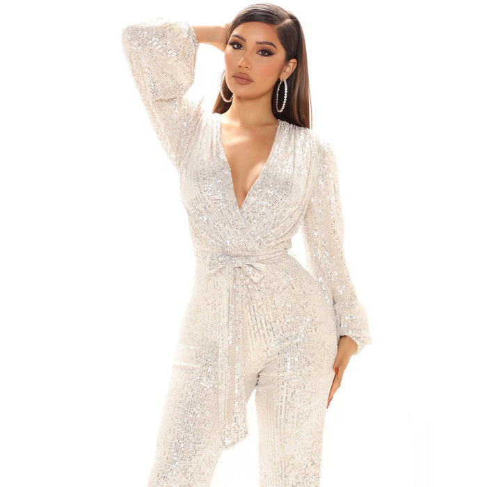 Women Clothing Sexy V-neck Sequined One-Piece Wide Leg One-Piece Trousers