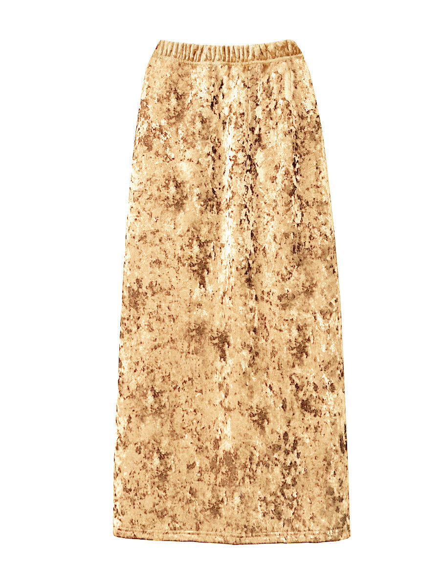 Gold Velvet Skirt Winter Fleece Lined Thickened Split Dress Straight Slimming Sheath High Waist A Line Skirt Women