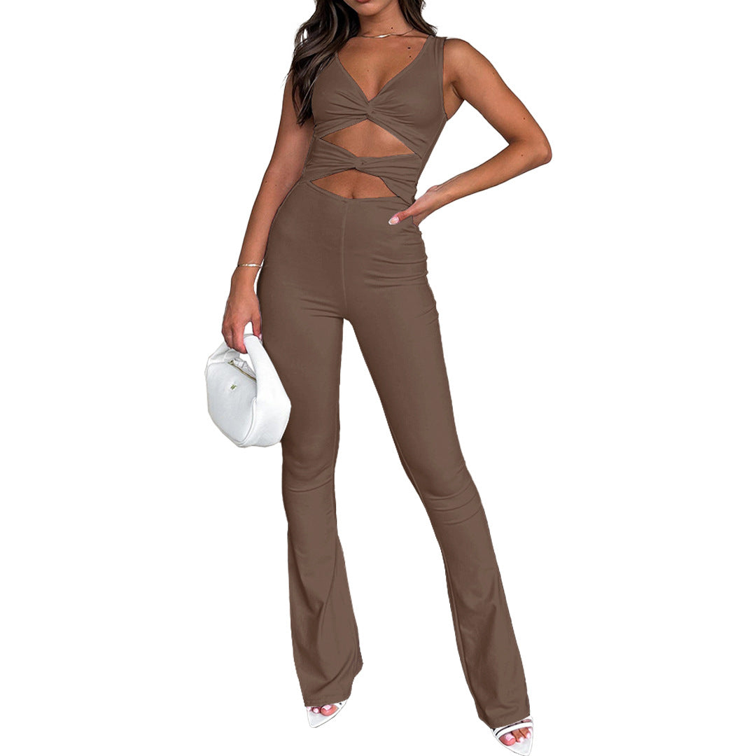 Women Clothing Solid Color Slimming Hollow Out Cutout Twist One Piece Bell Bottom Pants Jumpsuits