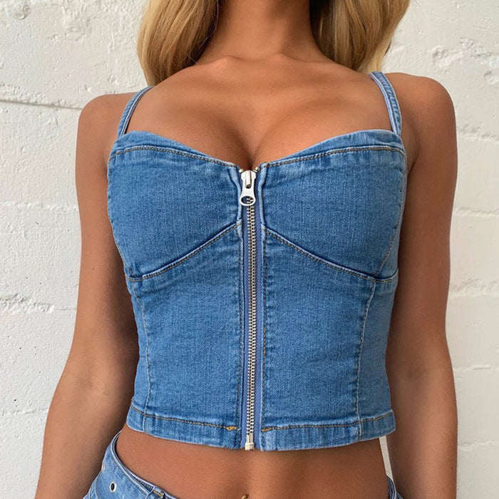 Sexy Zipper Wrapped Chest Cropped Denim Camisole Denim Skirt