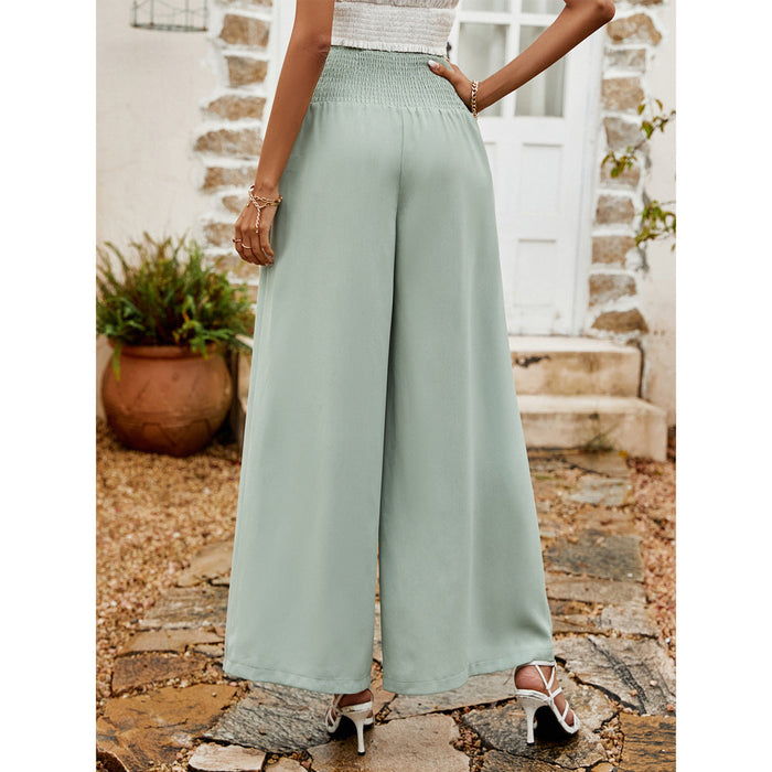 Spring Summer Casual Pants Pleating Button High Waist Women Wide Leg Pants