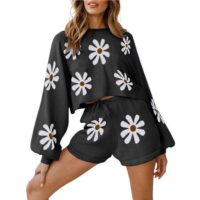 Women Clothing Long Sleeved Sweater Shorts Home Wear Little Daisy Two Piece Suit