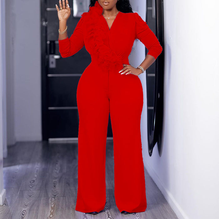 Women Clothing Autumn Elegant V neck Wide Leg Jumpsuit